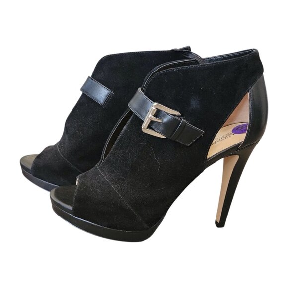 New MICHAEL Kors Black Suede Leather Isabella Open Peep Toe Heels Bootie Shoes - Picture 8 of 16